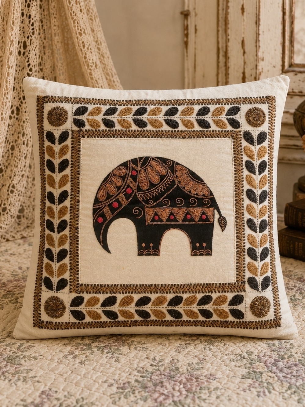 Boho Elephant Embroidered Throw Pillow 16x16 Decor